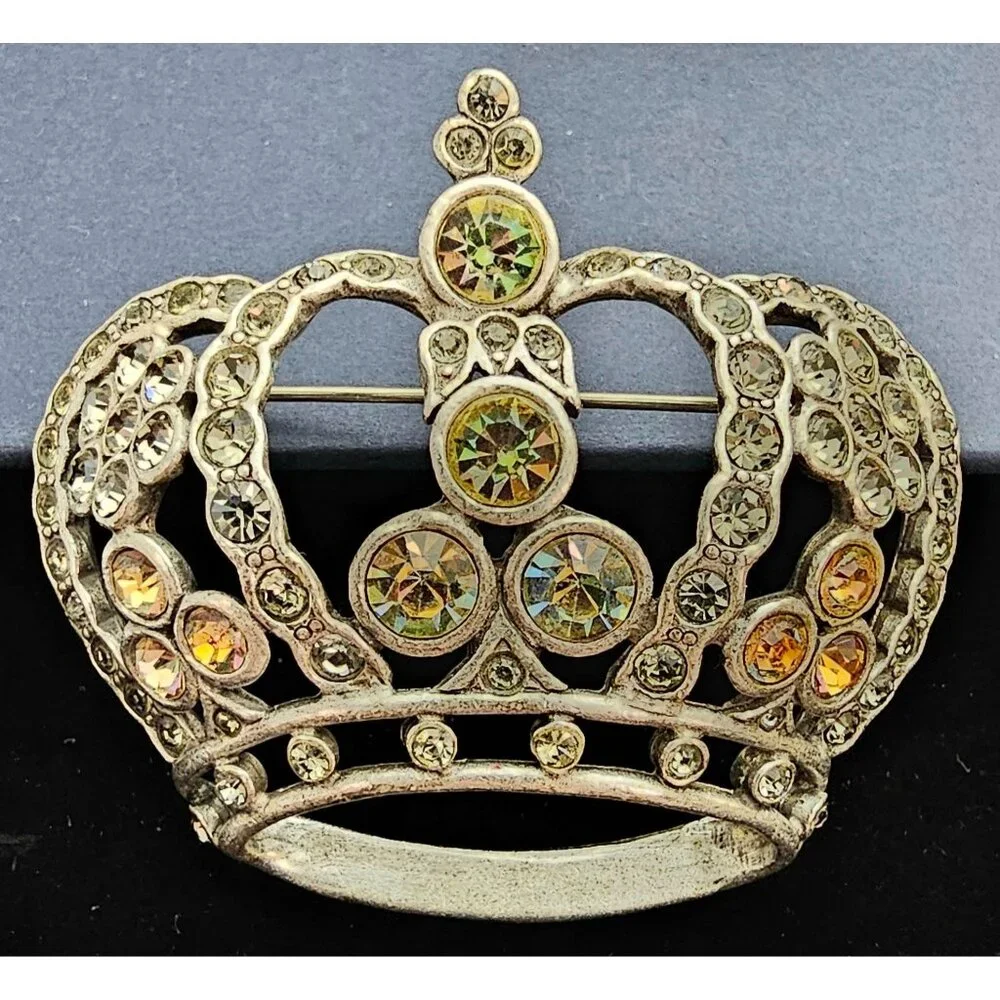 Anne Klein Silver Tone Crown Brooch, Smoky Vitrail Rhinestone Pin Signed, J303